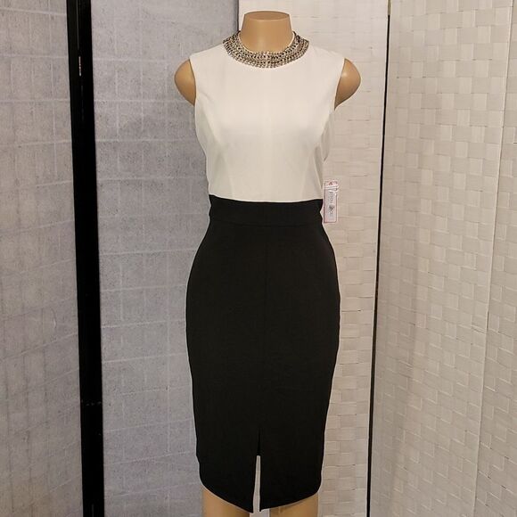 BRAND NEW BISSOU BISSOU MOCK JEWEL NECK SLEEVELESS SHEATH DRESS - Picture 2 of 14